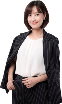 Happy asian woman posing in professional business jacket on transparency background wearing white blouse looking confident executive corporate model studio shot. PNG file format