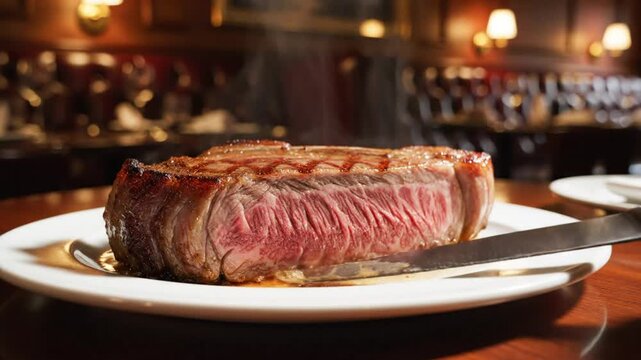 Savory steak with grill marks sits on a white plate in a cozy restaurant, ready to be cut and enjoyed
