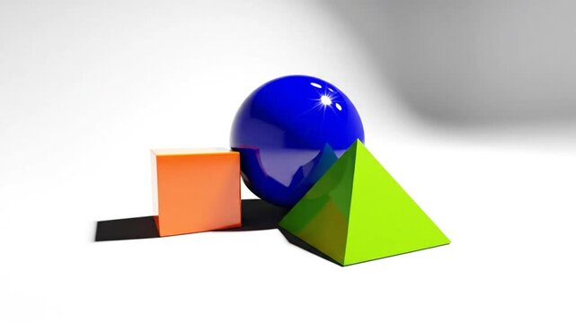 Geometric shapes rendered in 3d with bright colors against a white background with a shadow