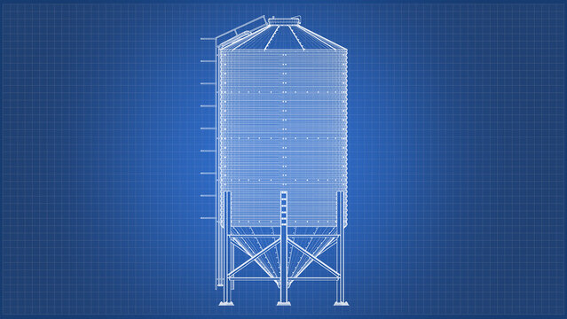Storage Grain Silo design and engineering - technical drawing blueprint. 3D rendering isolated on blue background. Ideal for professionals, educational, engineering design
