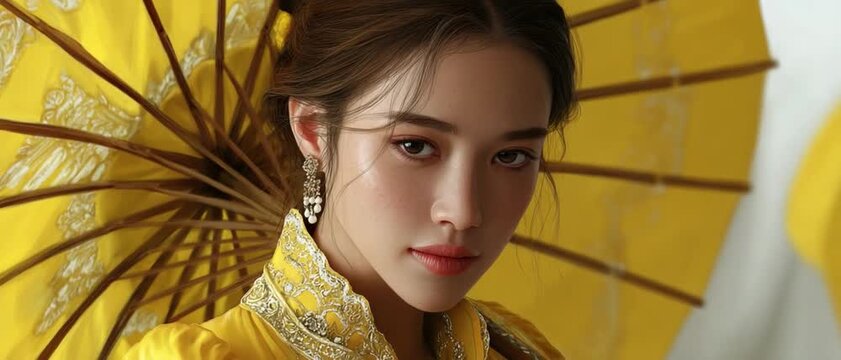 Elegant Asian Woman in Traditional Attire: A captivating portrait of a young Asian woman adorned in elegant traditional yellow clothing, holding a decorative umbrella.
