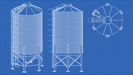 Storage Grain Silo design and engineering - technical drawing blueprint. 3D rendering isolated on blue background. Ideal for professionals, educational, engineering design © ArtGraphic3D Studio