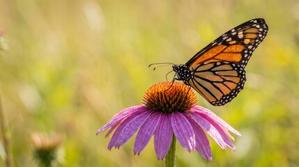 Obraz premium Monarch Butterfly Feeding on Purple Coneflower in Sunlit Field
