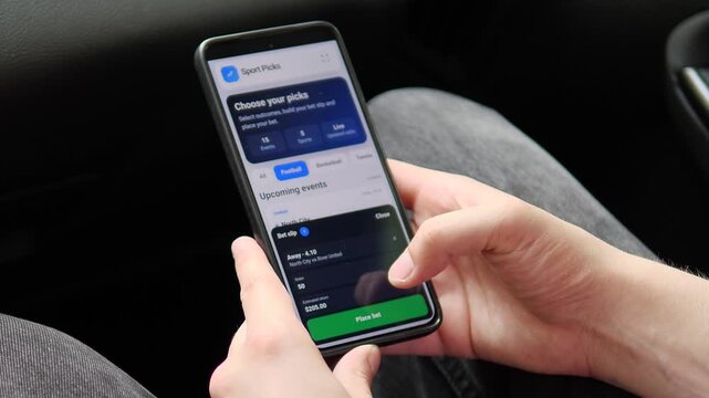 Smartphone betting sequence shows match selection, potential return and successful wager confirmation, highlighting cashless gaming, risk behavior and real-time sports markets.