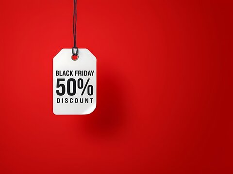 Colorful discount tag on red background featuring a sale announcement for Black Friday with a specified percentage off promoting shopping excitement and holiday deals