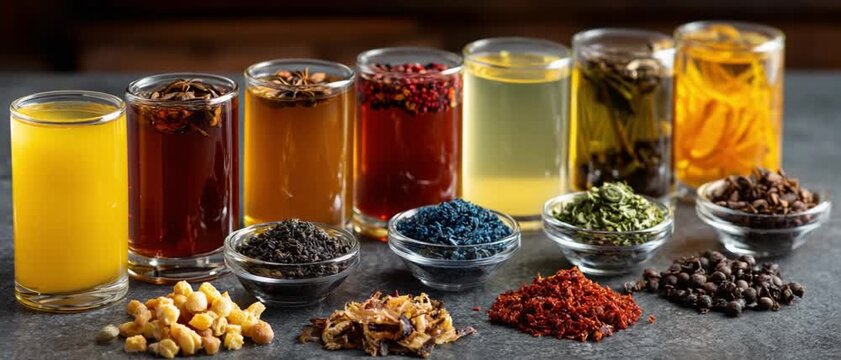 Aromatic Elixir Collection: An assortment of vibrant infused liquids in elegant glasses sits alongside bowls of assorted dried herbs and spices, creating a visually rich display of flavor and aroma.