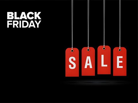 Black Friday sale tags hanging with the word sale displayed prominently in a vibrant red color on a dark background showcasing discount shopping