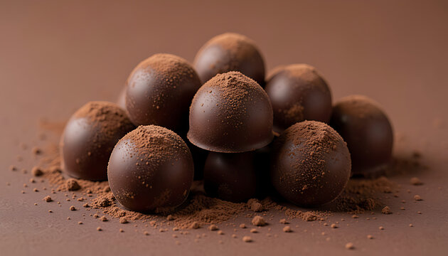 A collection of artisanal chocolate truffles and nut-crusted pralines rest in melted syrup over a warm brown background, created with generative AI.
