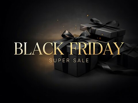 Elegant Black Friday Gift Boxes with Decorative Ribbons in a Stylish Super Sale Promotional Design for Holiday Shopping Season