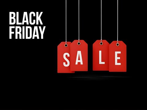 Red sale tags hanging with strings announcing a promotional event focusing on discounts and shopping opportunities during Black Friday season