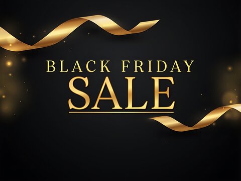Black Friday Sale Announcement with Golden Text and Decorative Ribbon Elements for Promotional Use