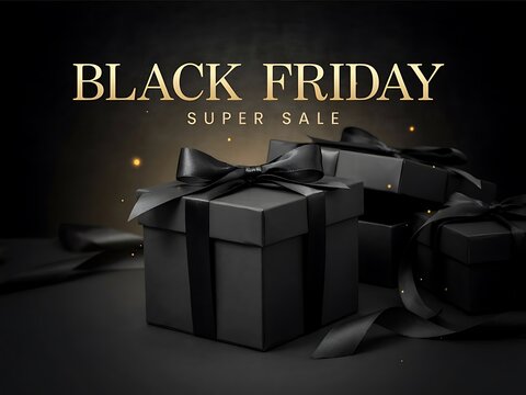 Elegant black gift boxes with luxurious ribbons for seasonal shopping and festive surprise in a promotional setting