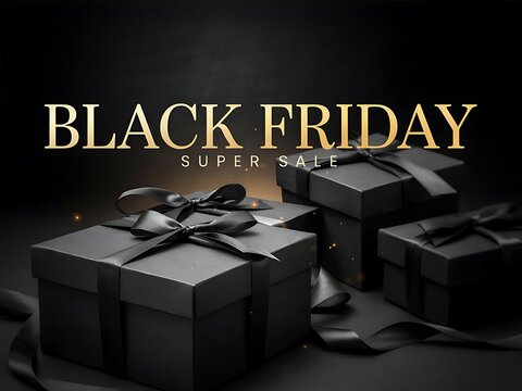 Stylish black gift boxes with elegant ribbons for holiday celebrations and special occasions featuring a modern sale theme and festive decorations for promotion and advertising
