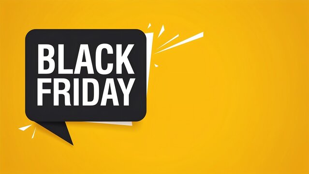 Black Friday promotional graphic on vibrant yellow background with dynamic text and speech bubble design highlighting sales and discounts