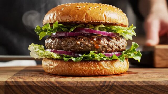 Delicious homemade burger with fresh ingredients resting on a wooden board ready to eat