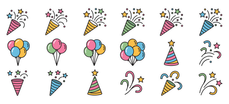 Set of festive party icons including colorful balloons and confetti poppers designed in a flat modern style for celebration event decorations
