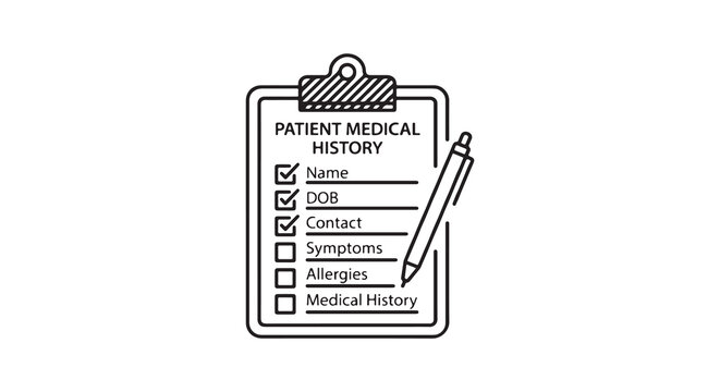 Minimalist line art icon of a patient medical history clipboard with a pen.