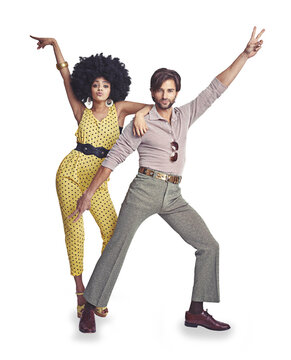 Retro, fashion and disco couple isolated on transparent png background, dance and funky party portrait together. Vintage club culture, man and woman dancer in celebration with energy, fun and smile.
