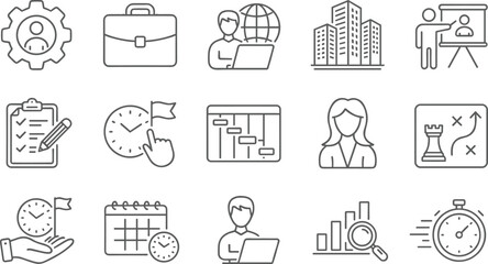 Project Management Corporate Business Strategy and Task Scheduling Line Icon Set for Workflow Optimization Strategic Planning Corporate Milestones and Office Team Organization © Rumi