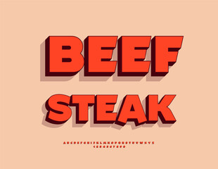 Fototapeta premium Vector Promo flyer Beef Steak for Cafe, Diner and Restaurant. Bright Artistic Red 3D Font. Modern Uppercase Alphabet Letters and Numbers set. 