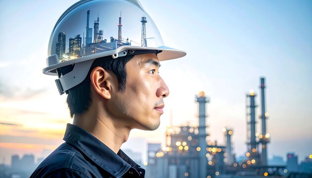 An Asian man in a white hard hat and dark work clothes gazes towards an industrial cityscape reflected inside his helmet