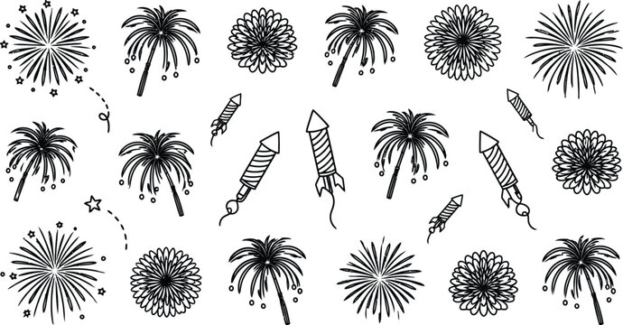 Collection of hand drawn firework rockets and floral bursting patterns.