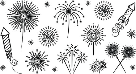 Various hand drawn fireworks designs with boom text and rocket launchers. © jim's Cafe