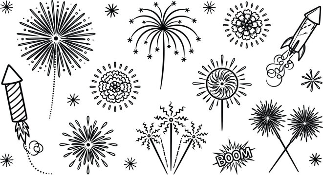 Various hand drawn fireworks designs with boom text and rocket launchers.