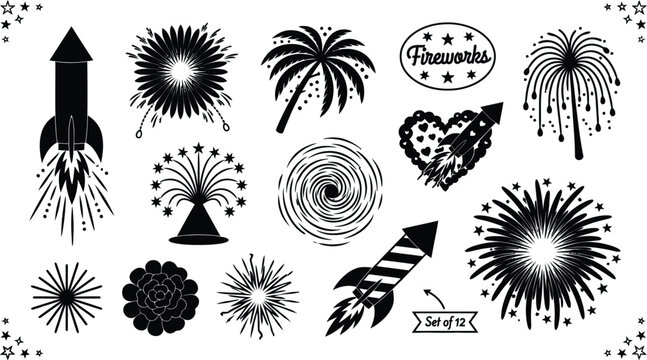 Set of twelve black silhouette fireworks and rockets on transparent background.