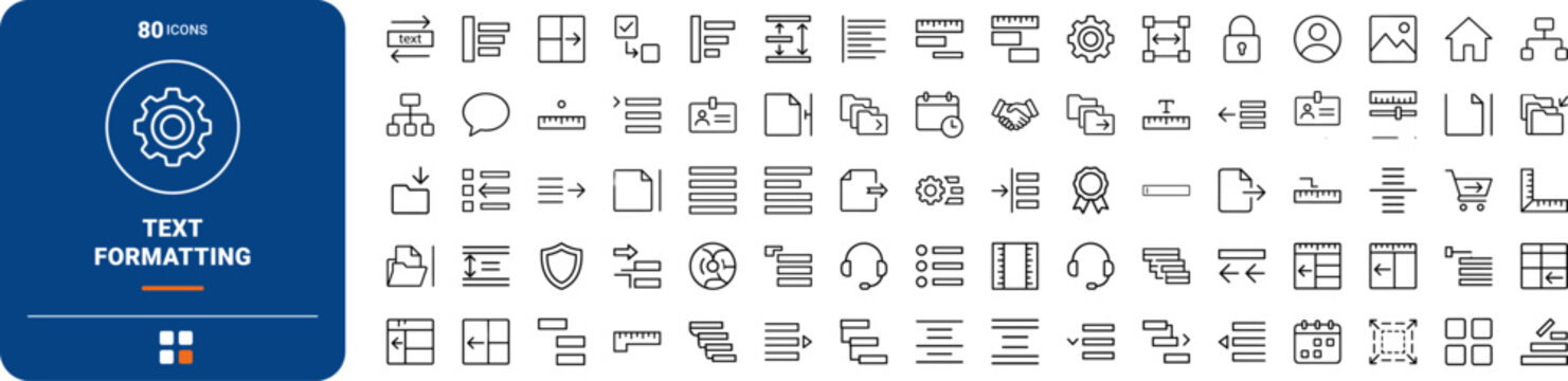 Indent line icon set. Vector pictograms of outdent, text, editor, and typography elements, thin linear illustration.
