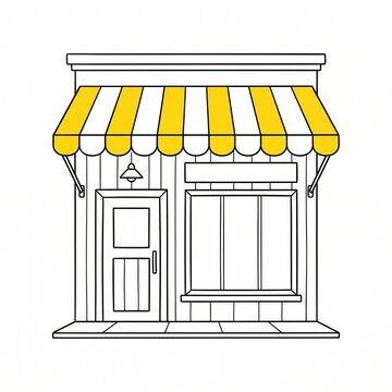 A simple sketch of a storefront featuring a yellow and white striped awning a door and a window in a clean minimalist line art style, vector isolated on white