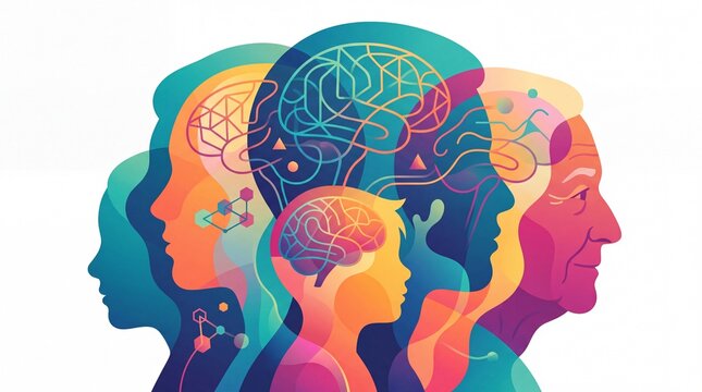 Colorful representation of diverse minds, showcasing the evolution of thoughts across different ages and experiences.