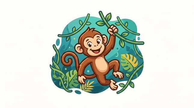 A cute cartoon monkey happily swinging on green vines in a lush tropical jungle
