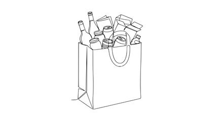 Obraz premium Continuous line drawing of a paper grocery bag full of groceries and bottles