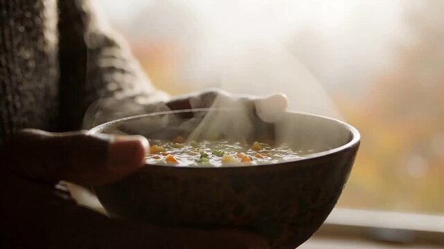 African American male holds steaming bowl of soup with colorful vegetables near window, warm light illuminating cozy indoor setting with autumn foliage outside