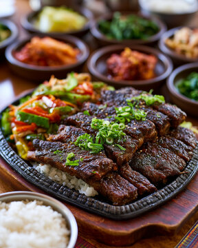 Sizzling Korean BBQ LA Galbi Grilled Beef Short Ribs on Rice with Sesame and Scallions