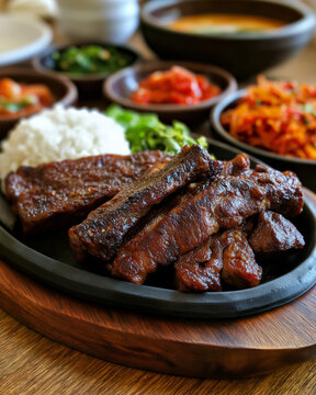 Korean BBQ LA Galbi Grilled Beef Short Ribs on Sizzling Hot Plate with Banchan