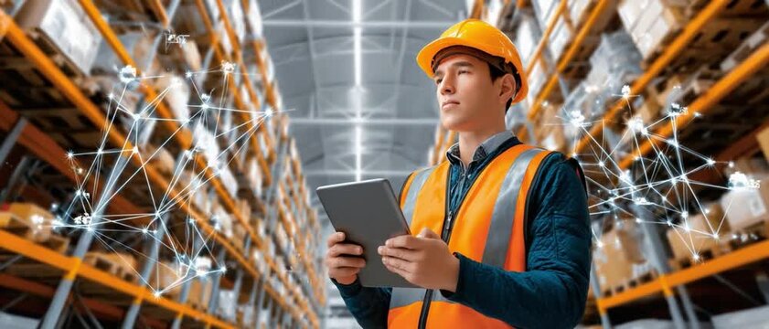 Warehouse Manager Inspecting Inventory: A focused warehouse manager in a hard hat and safety vest holds a tablet, overseeing shelves stacked high with boxes in a modern distribution center.