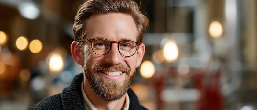 Man with Glasses and Beard smiling in Warehouse