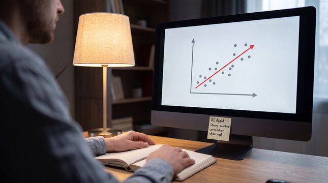 Person writing notes while reviewing scatter plot correlation analysis on desktop computer