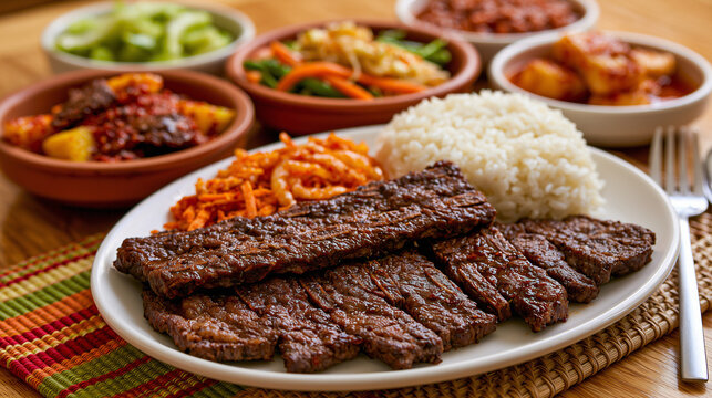 Traditional Korean BBQ LA Galbi Grilled Beef Short Ribs with Rice and Banchan Side Dishes