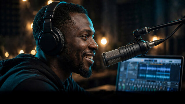 Smiling man recording podcast in studio with professional microphone and headphones, cinematic lighting, concept for media production, broadcasting and audio content