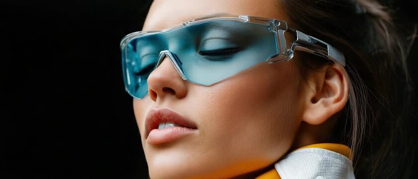 Futuristic Eyewear: A close-up portrait of a woman wearing modern, wraparound sunglasses with a tinted lens, her eyes closed, exuding a sense of mystery and style.