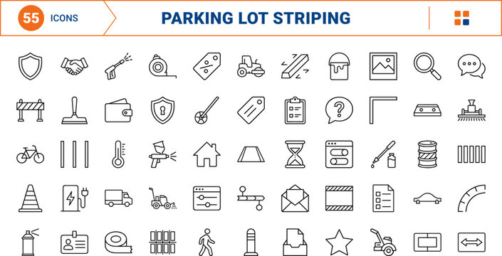 Pavement line icon set. Vector pictograms of parking, striping, marking, and maintenance elements, thin linear illustration.