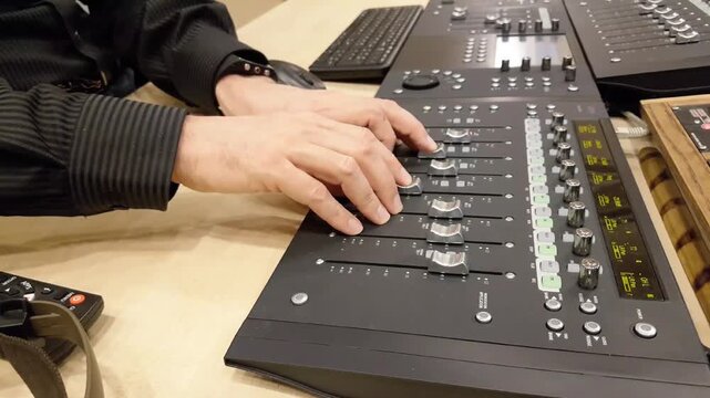 Professional sound engineer adjusting audio faders on mixing console at recording studio.