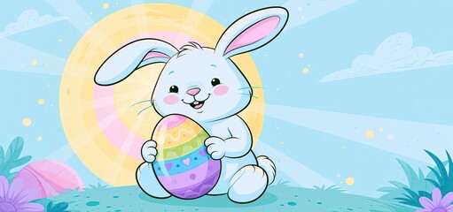 Obraz premium A cute rabbit clutching a decorated egg with a bright, festive springtime backdrop ideal for Easter.