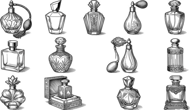 Vintage perfume bottles and cosmetic glass containers vector set with luxury fragrance flacons