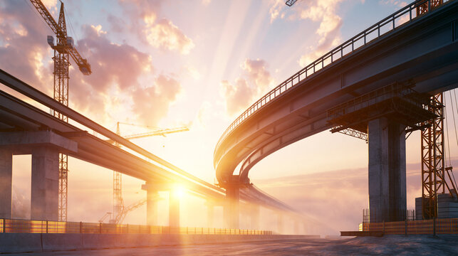 Curved Highway Overpass Under Construction At Sunset With Cranes And Dramatic Sky