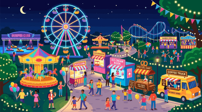 Colorful amusement park carnival featuring glowing rides and happy crowds under a starry night sky with families enjoying festive evening outdoors