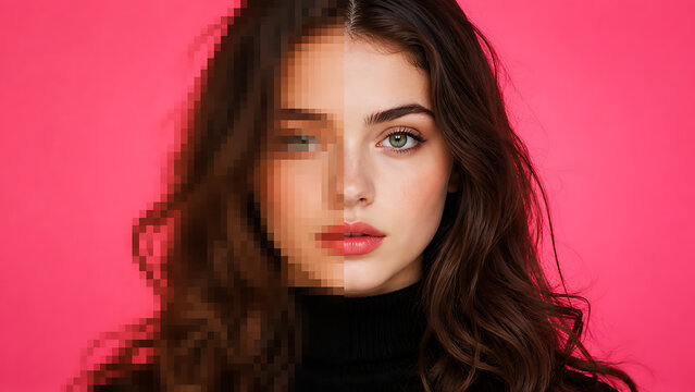 Young woman with half pixelated face on a vibrant pink background digital distortion concept